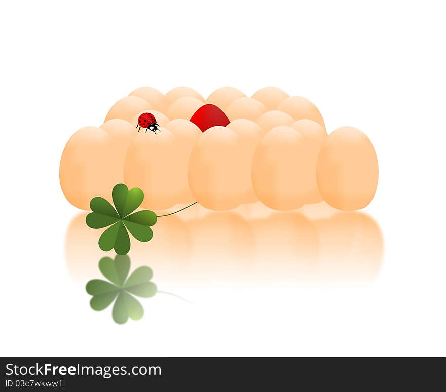 Rows of eggs seen in perspective, with clover leaves and ladybug and red egg in the middle, vector format. Rows of eggs seen in perspective, with clover leaves and ladybug and red egg in the middle, vector format