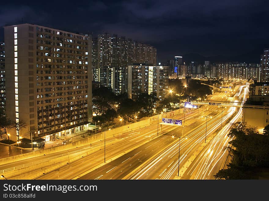 Hong Kong Night Scene with Traffic Light