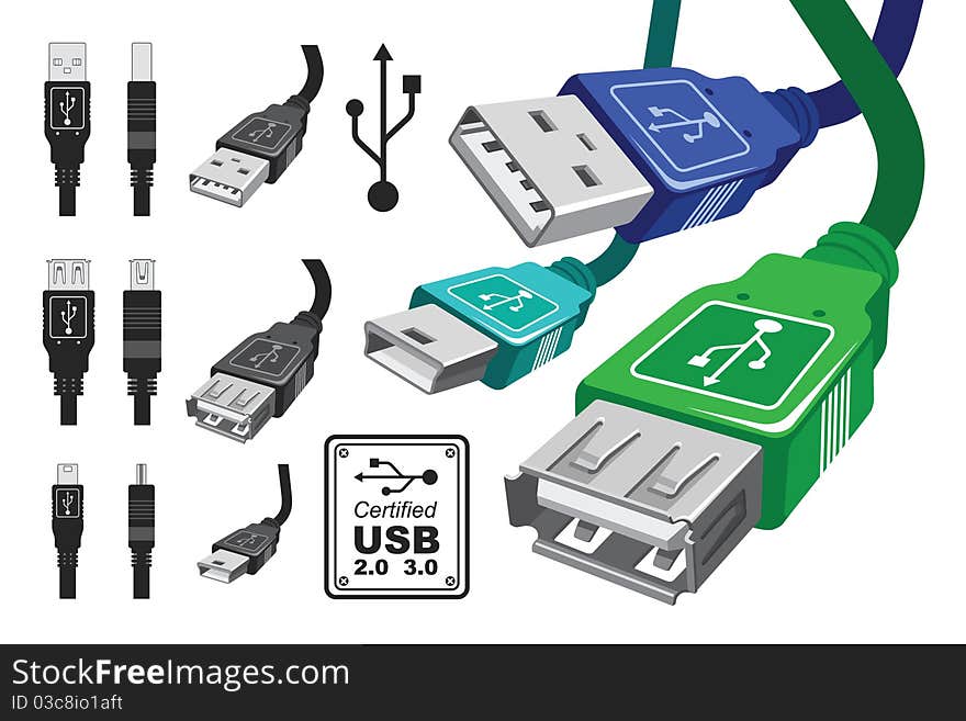 Collection of various vector usb connectors and cables. Collection of various vector usb connectors and cables