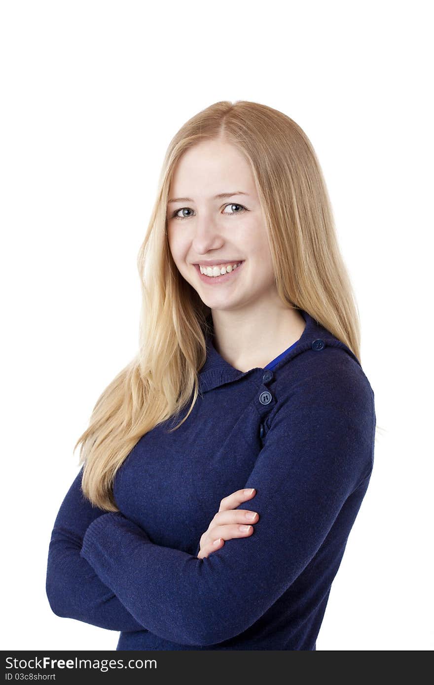 Young beautiful woman smiles happy at camera.