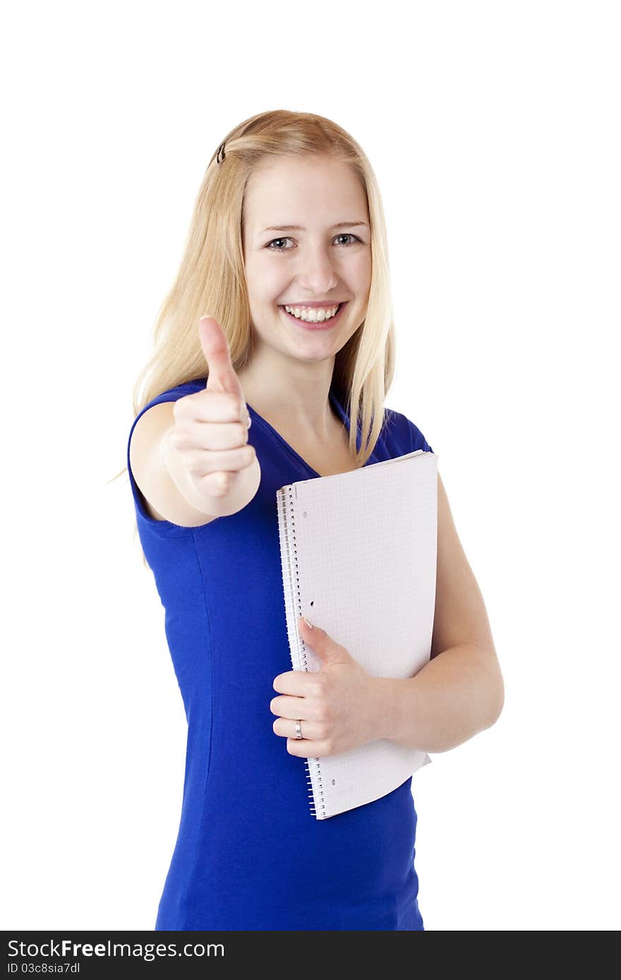 Portrait of young attractive blond student holding a college notepad. Isolated on white background. Portrait of young attractive blond student holding a college notepad. Isolated on white background.