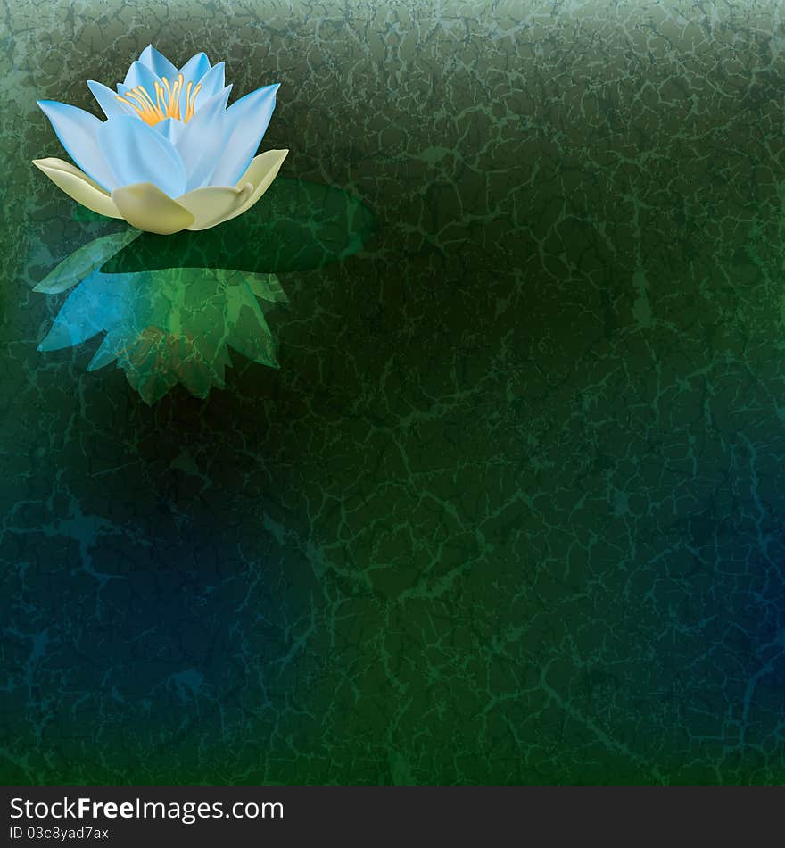 Abstract floral illustration with blue lotus on green