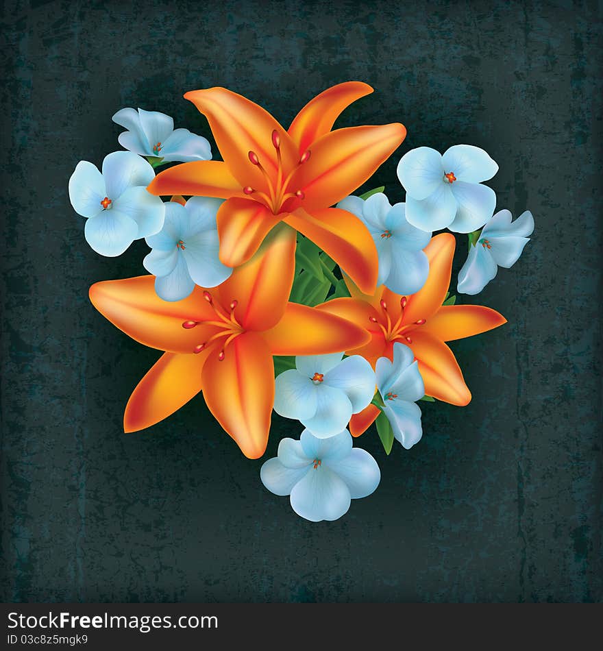 Grunge floral illustration with color flowers on green