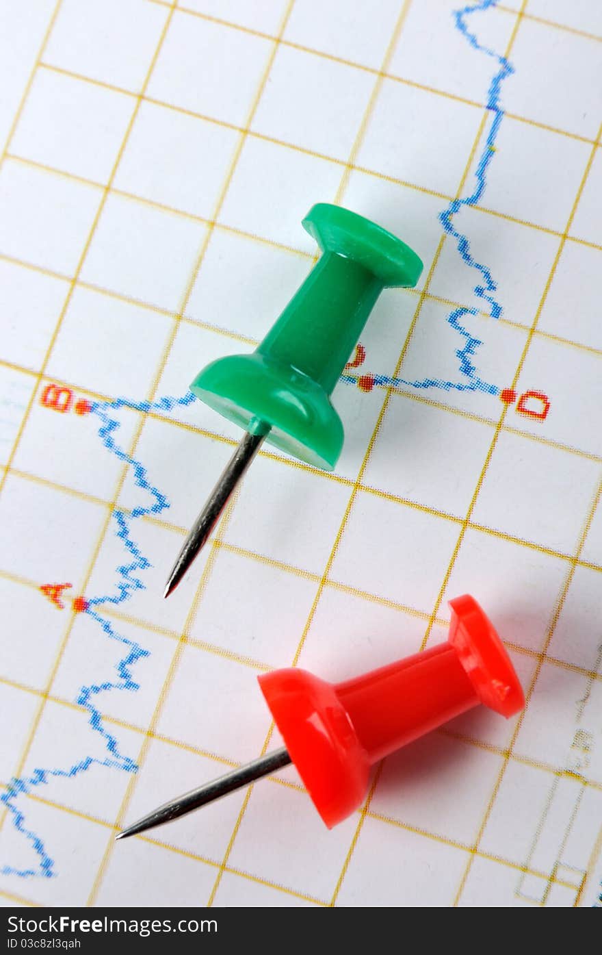 Fluctuant curve and drawing pins, shown as analysis for business or engineering changing status, with some key point marked. Fluctuant curve and drawing pins, shown as analysis for business or engineering changing status, with some key point marked.