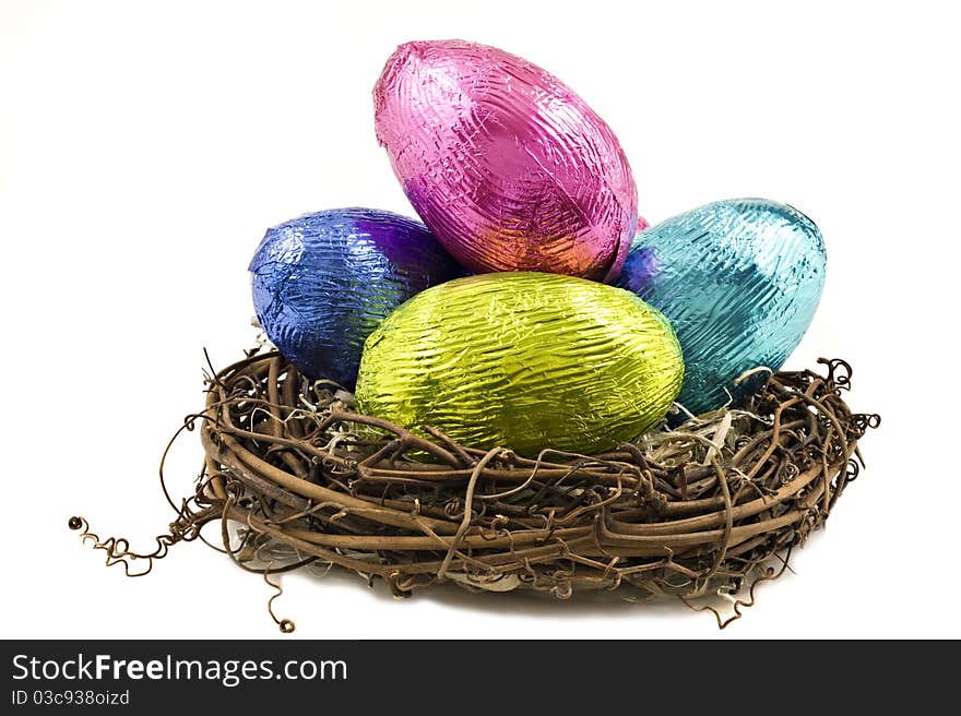 Colorful easter eggs in a wooden box