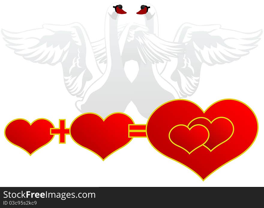 Mathematical equation and the solution of two hearts on the background of two white swans. Mathematical equation and the solution of two hearts on the background of two white swans
