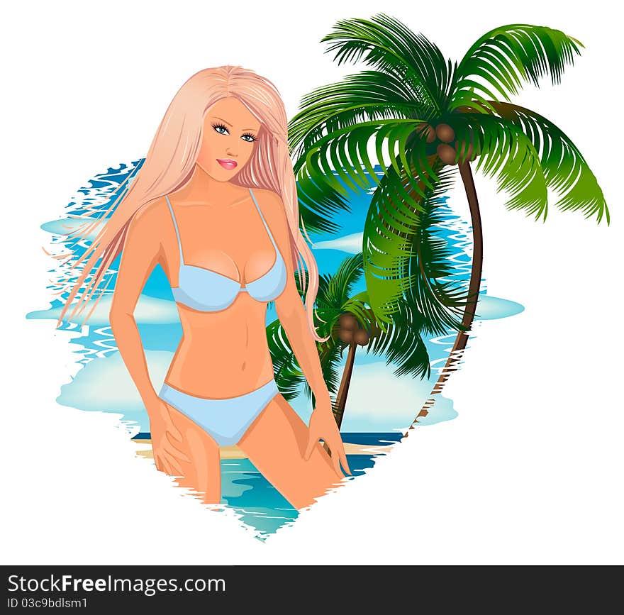 Blonde in a bikini on the background of the ocean. Blonde in a bikini on the background of the ocean