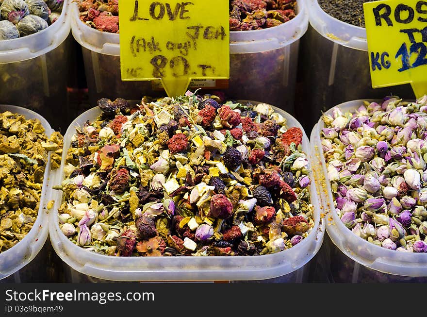 Mixed fruits and flowers tea in Egyptian Spice Bazaar, Istanubul. Mixed fruits and flowers tea in Egyptian Spice Bazaar, Istanubul