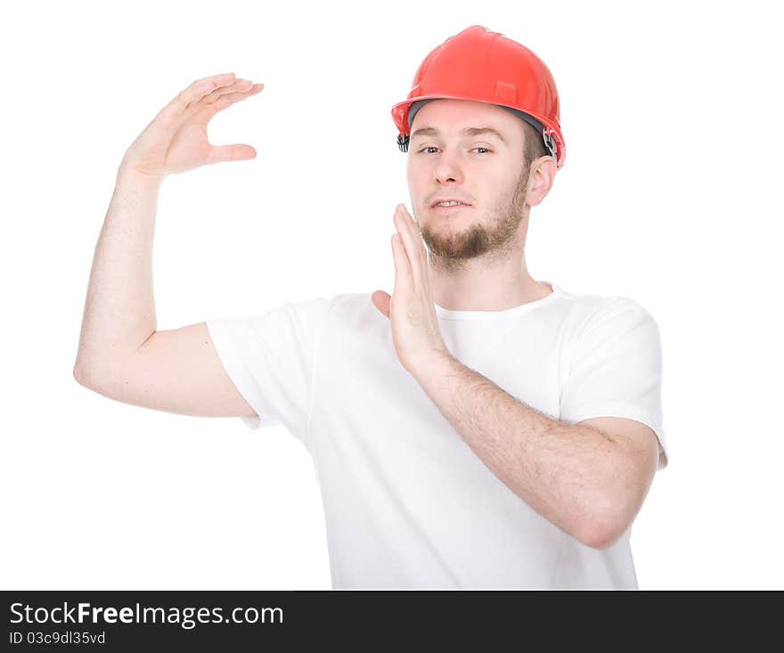 Young adult worker over white background