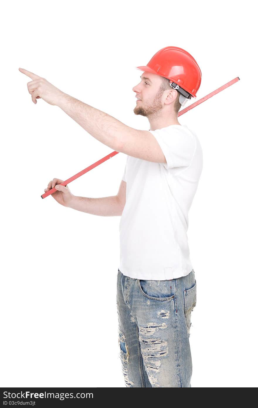 Young adult worker over white background