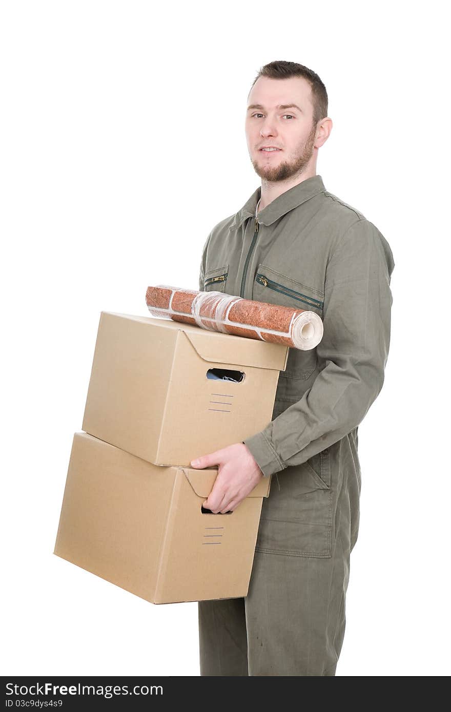 Young adult worker over white background