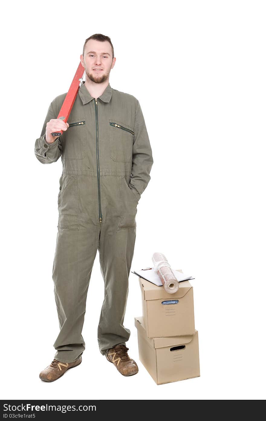 Young adult worker over white background