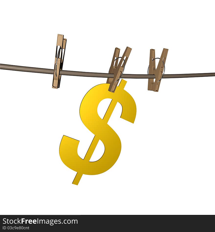 Hangs on the clothespin gold bullion dollar - on a white background