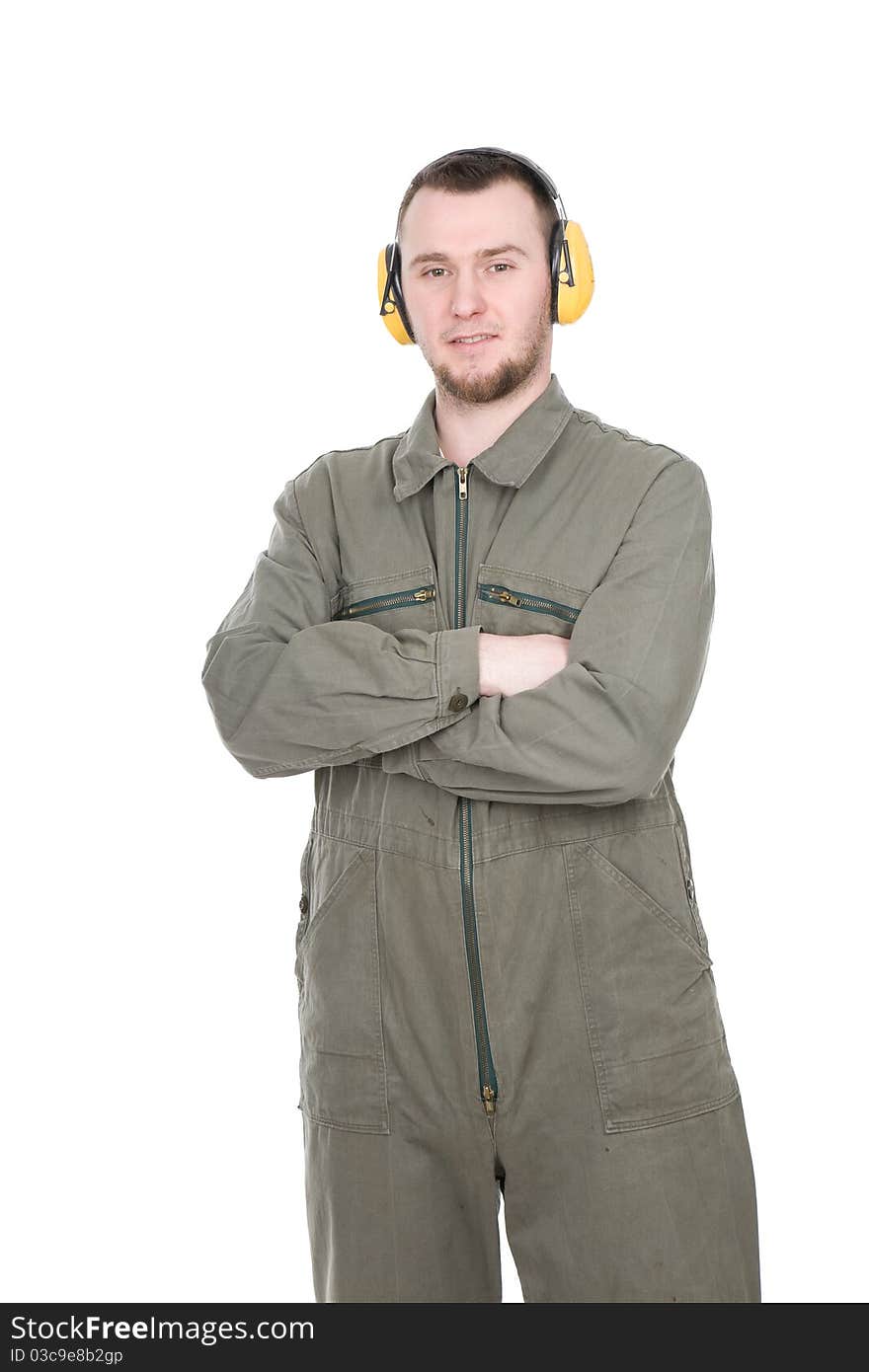 Young adult worker over white background