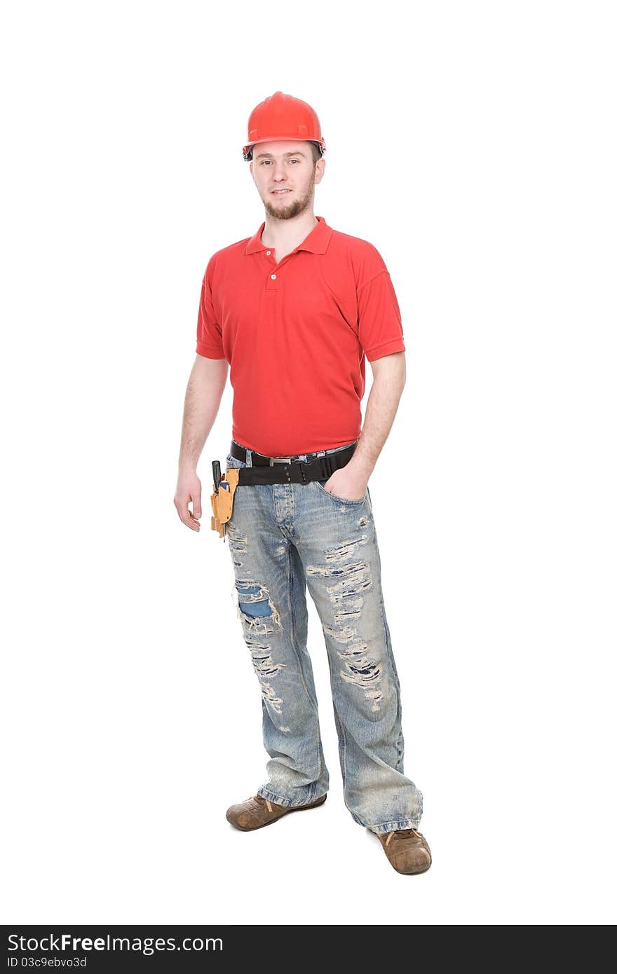 Young adult worker over white background