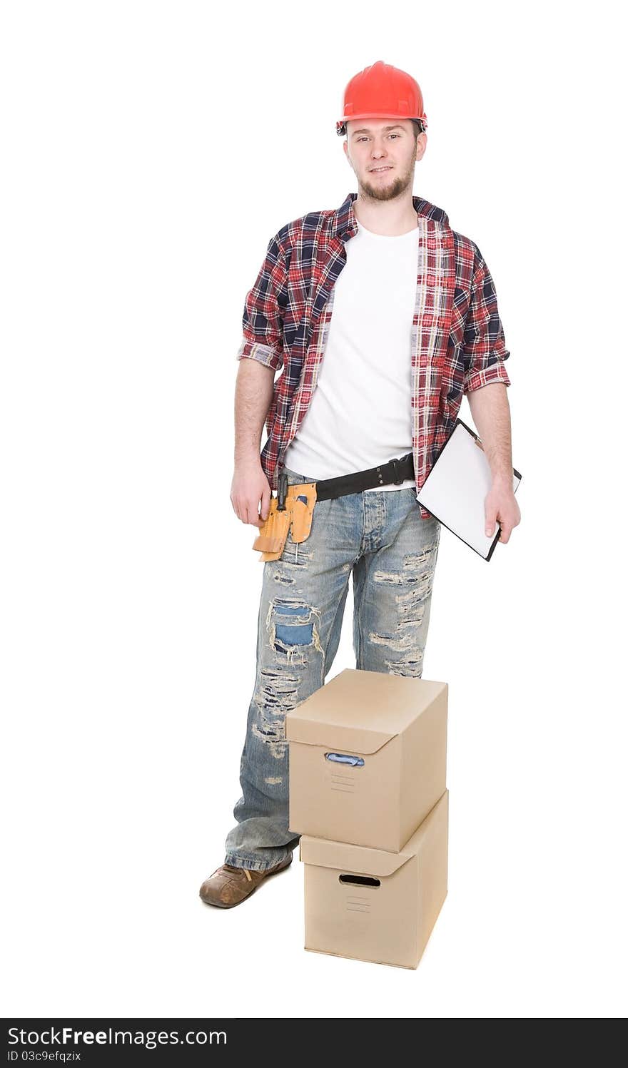 Young adult worker over white background