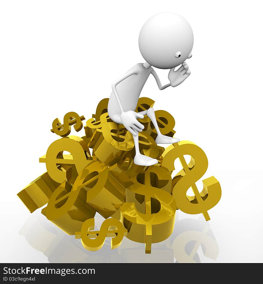 3d person sitting on a mountain of gold bullion dollar on a white background.