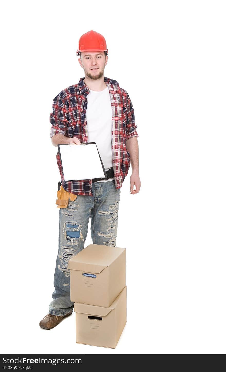 Young adult worker over white background