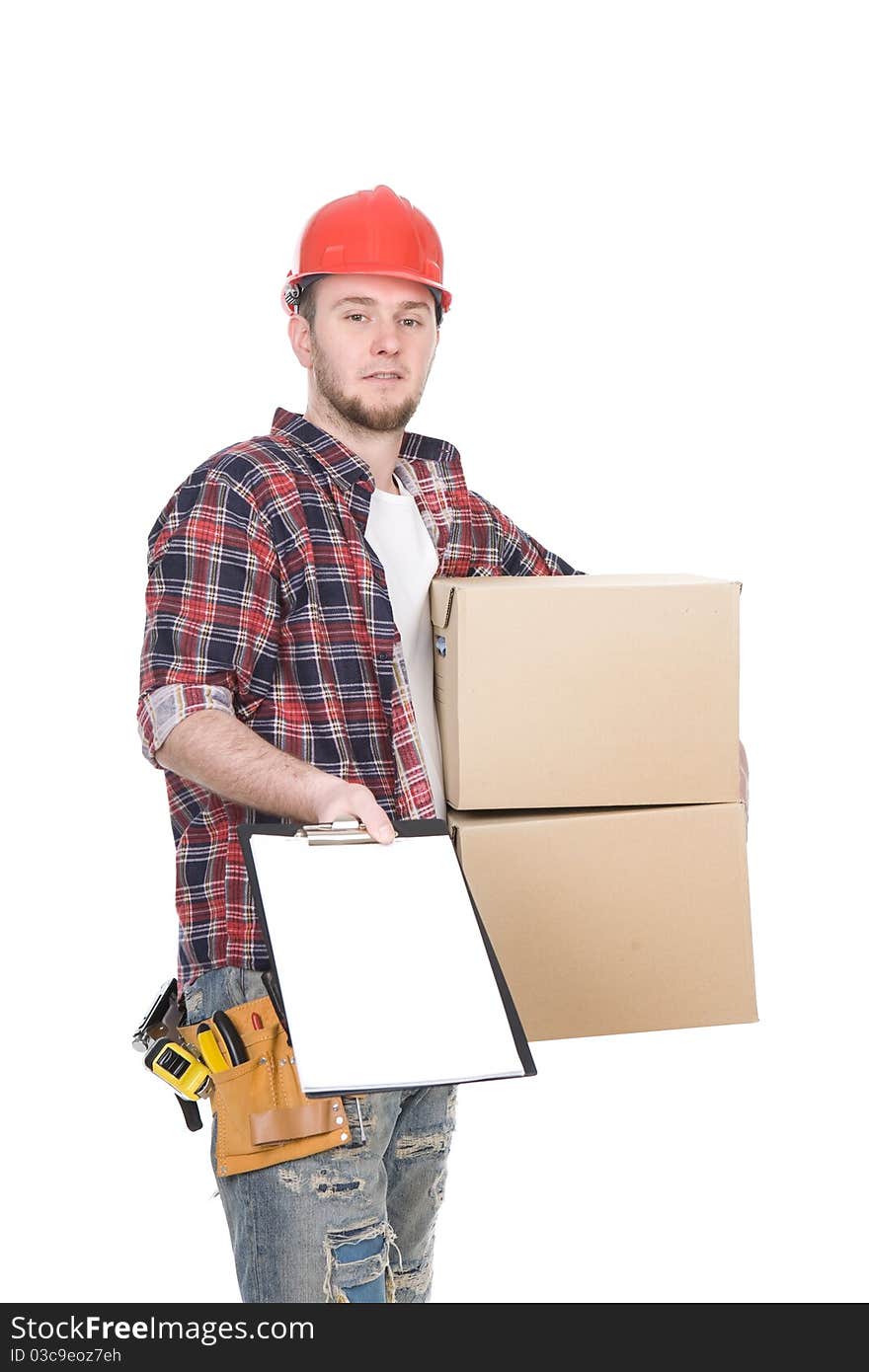 Young adult worker over white background