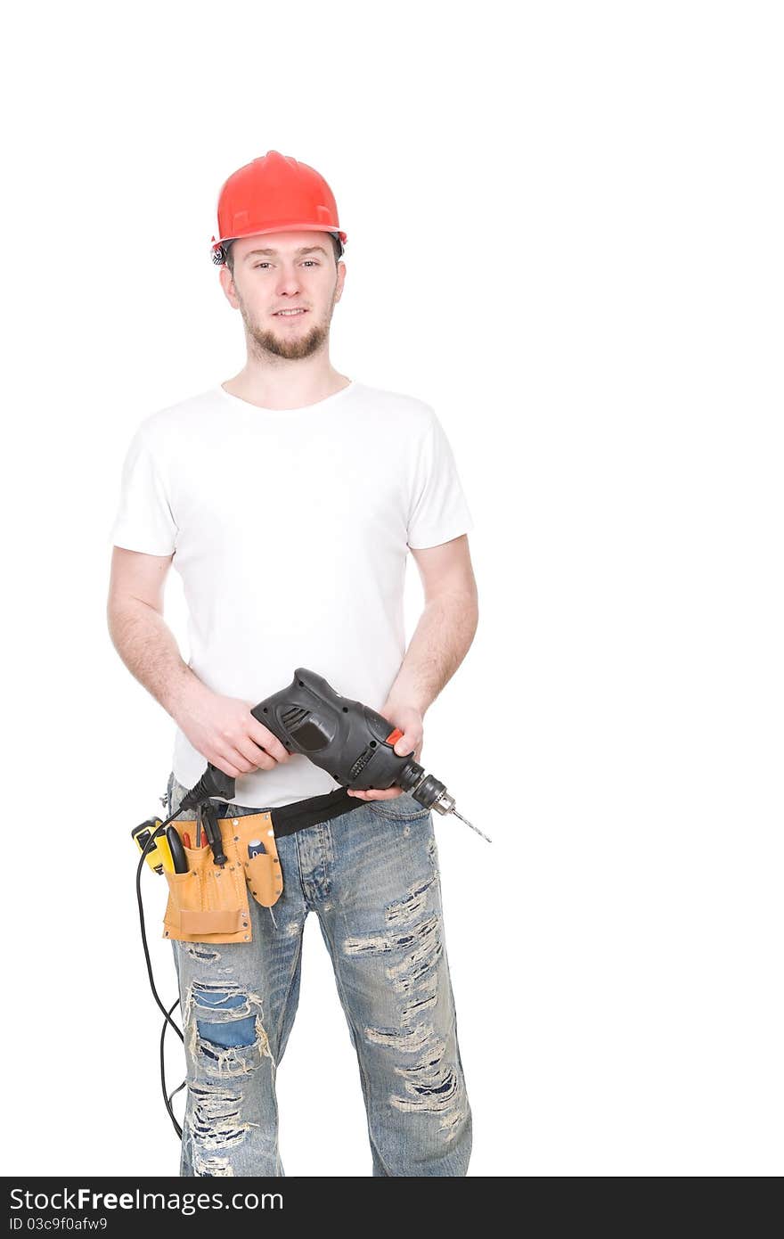 Young adult worker over white background