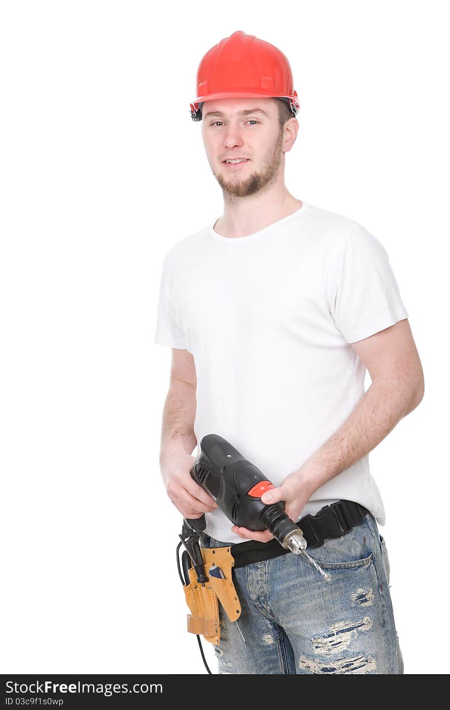 Young adult worker over white background