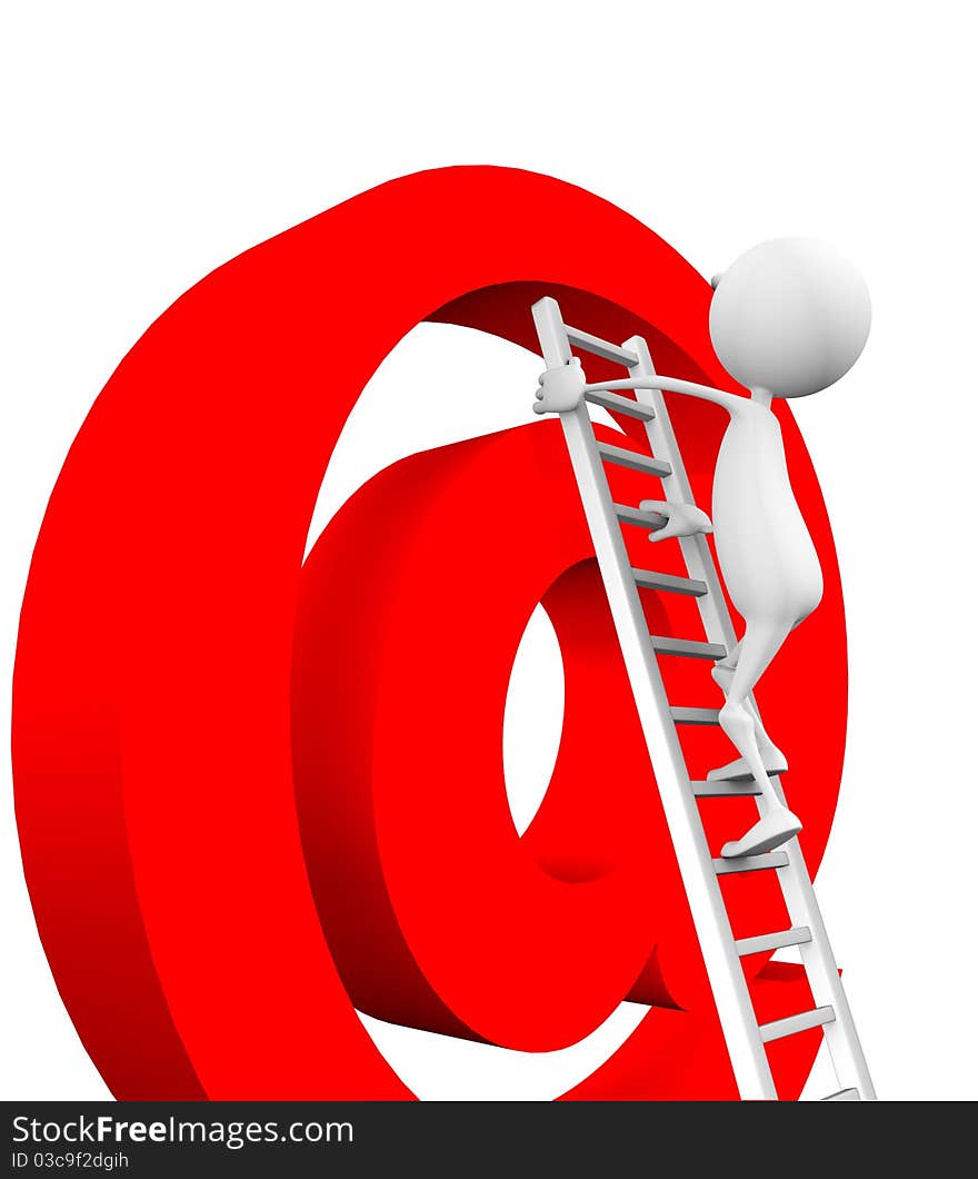 3d man climbs up the stairs on e-mail on a white background.