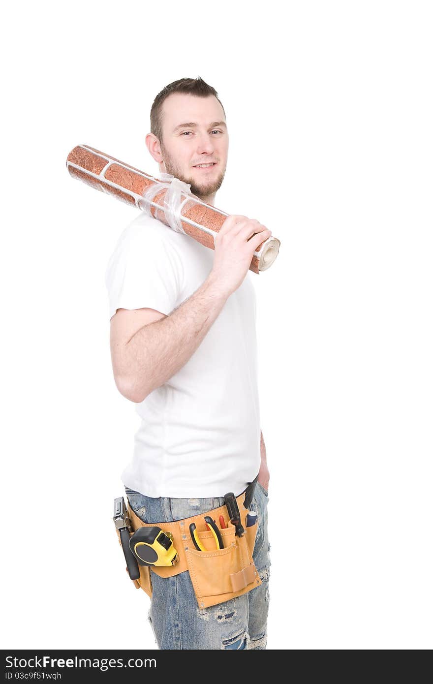 Young adult worker over white background