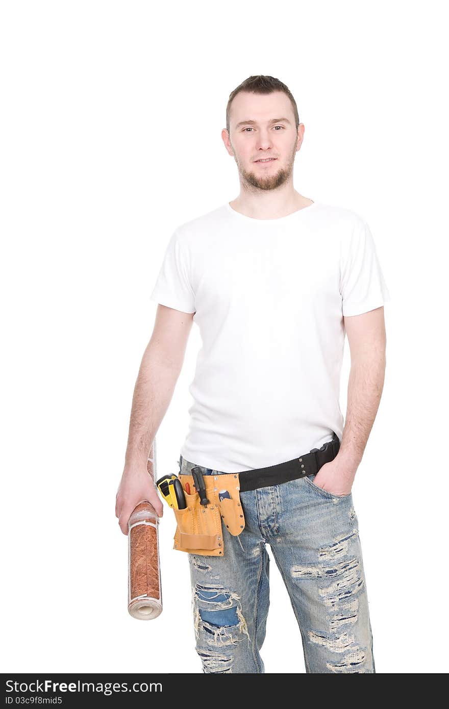 Young adult worker over white background