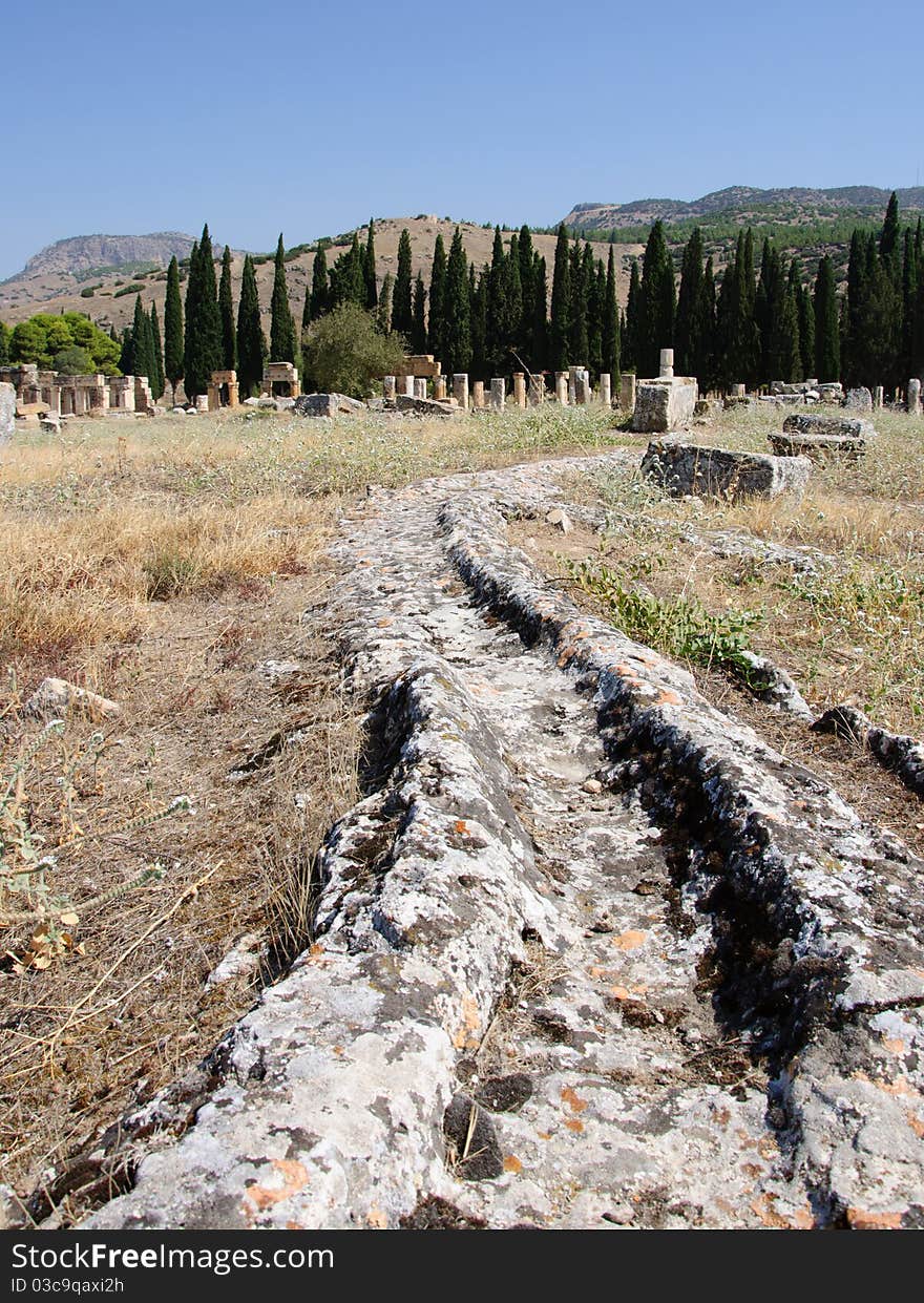 Ancient aqueduct located in the city of Hierapolis in Turkey