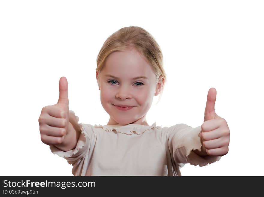 Portrait of girl giving thumbs up isolated on white. Portrait of girl giving thumbs up isolated on white