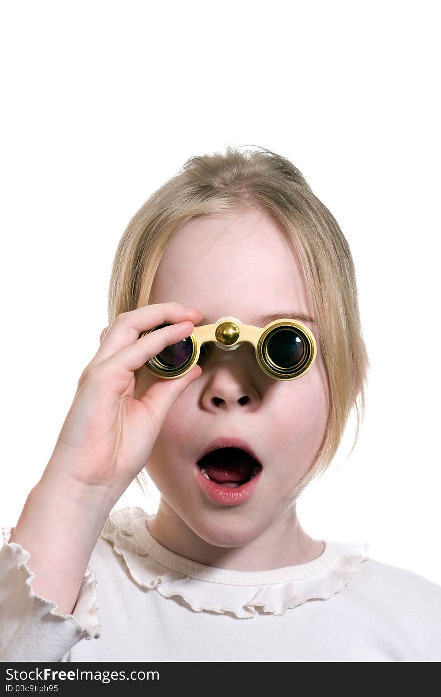 Little girl with binoculars isolated on white background