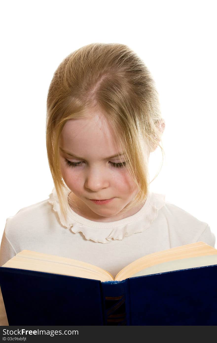 Little girl with open book solated on white background