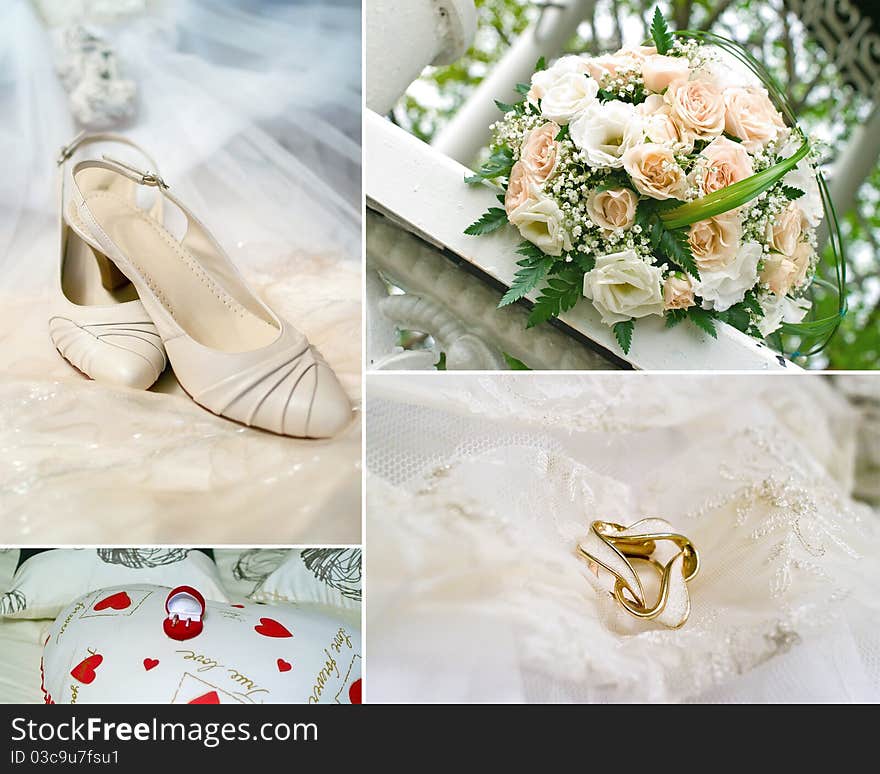 Wedding collage. Bridal shoes, wedding bouquet, rings and beige dress. Shallow DOF