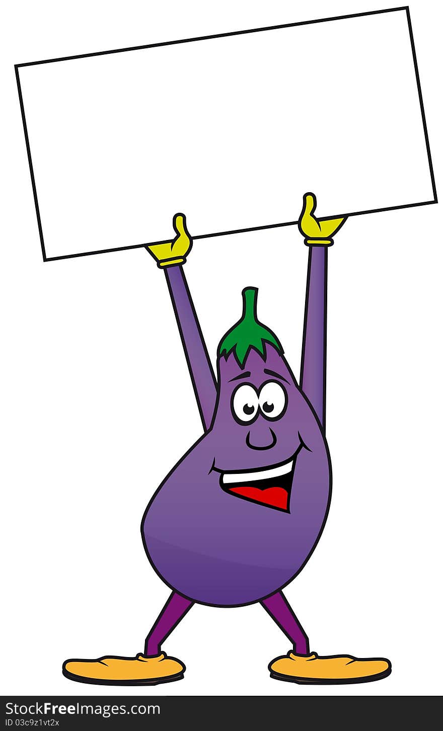 A happy eggplant while with her hands puts on a white billboard