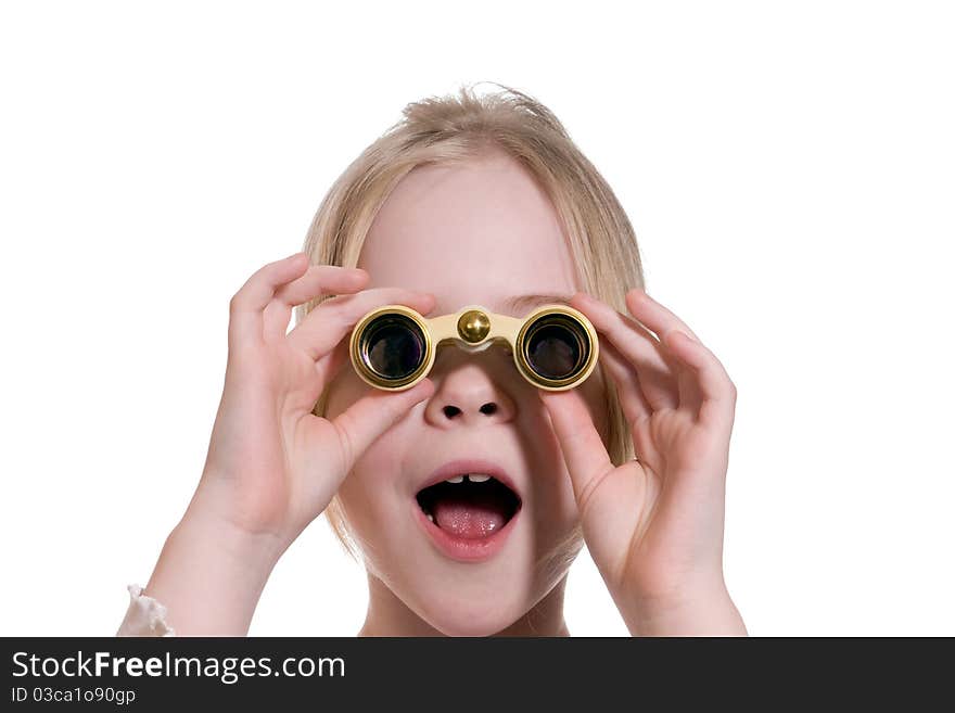 Little girl with binoculars isolated on white background