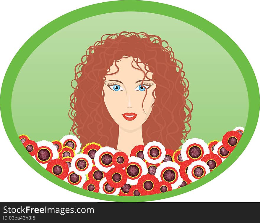 A curly woman is in flowers