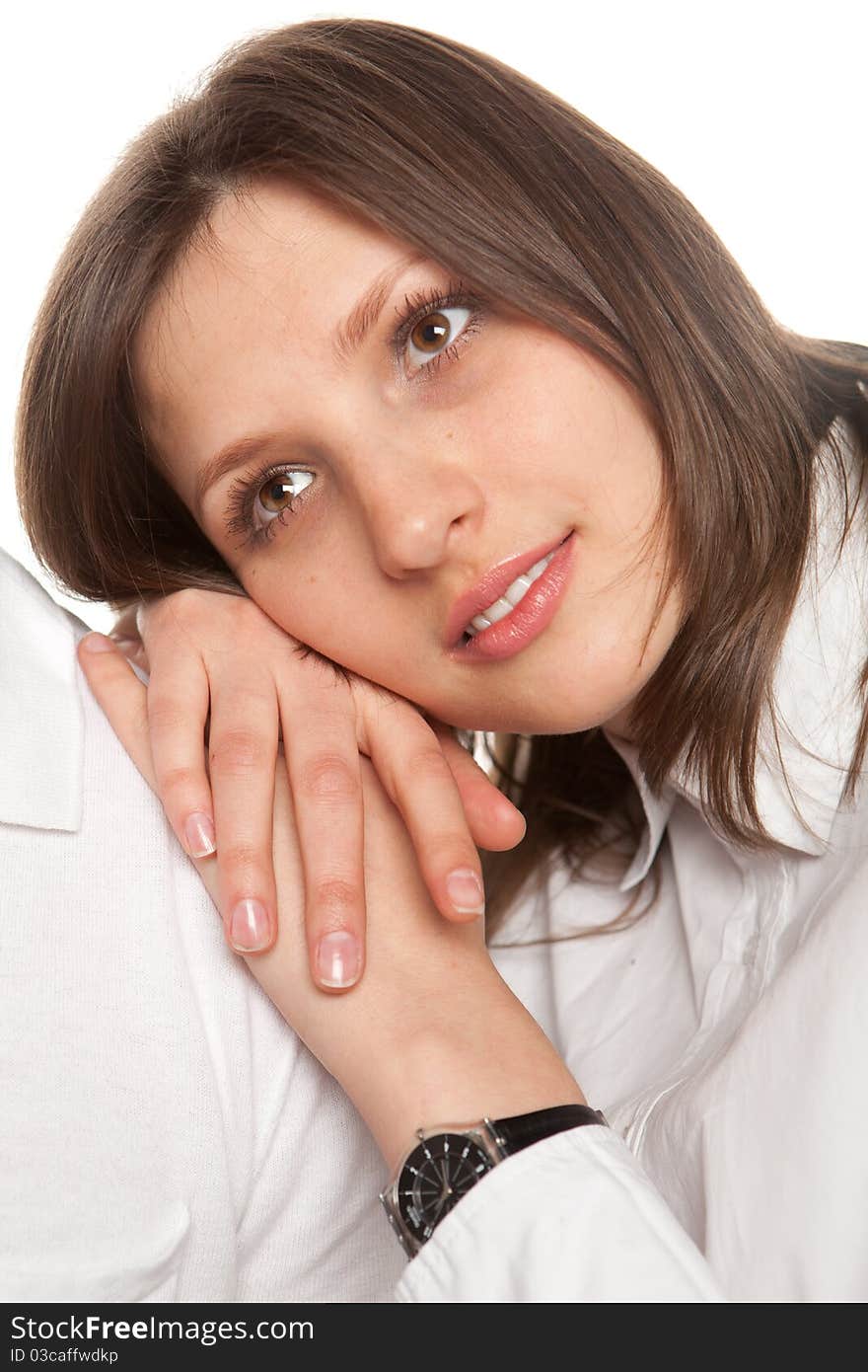 Portrait of the young beautiful girl on white