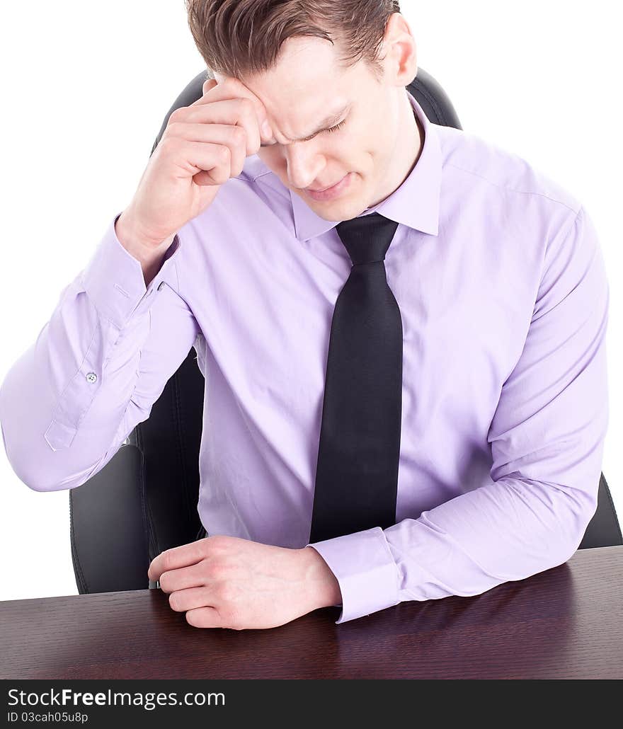 Young businessman with big headache, isolated on white