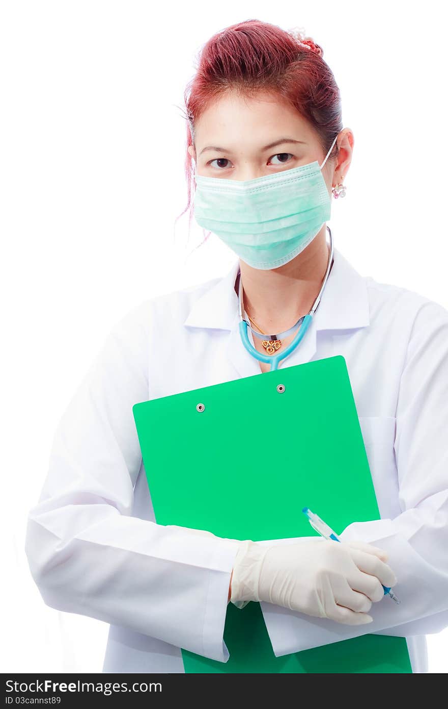 Doctor wearing medical mask on white background. Doctor wearing medical mask on white background