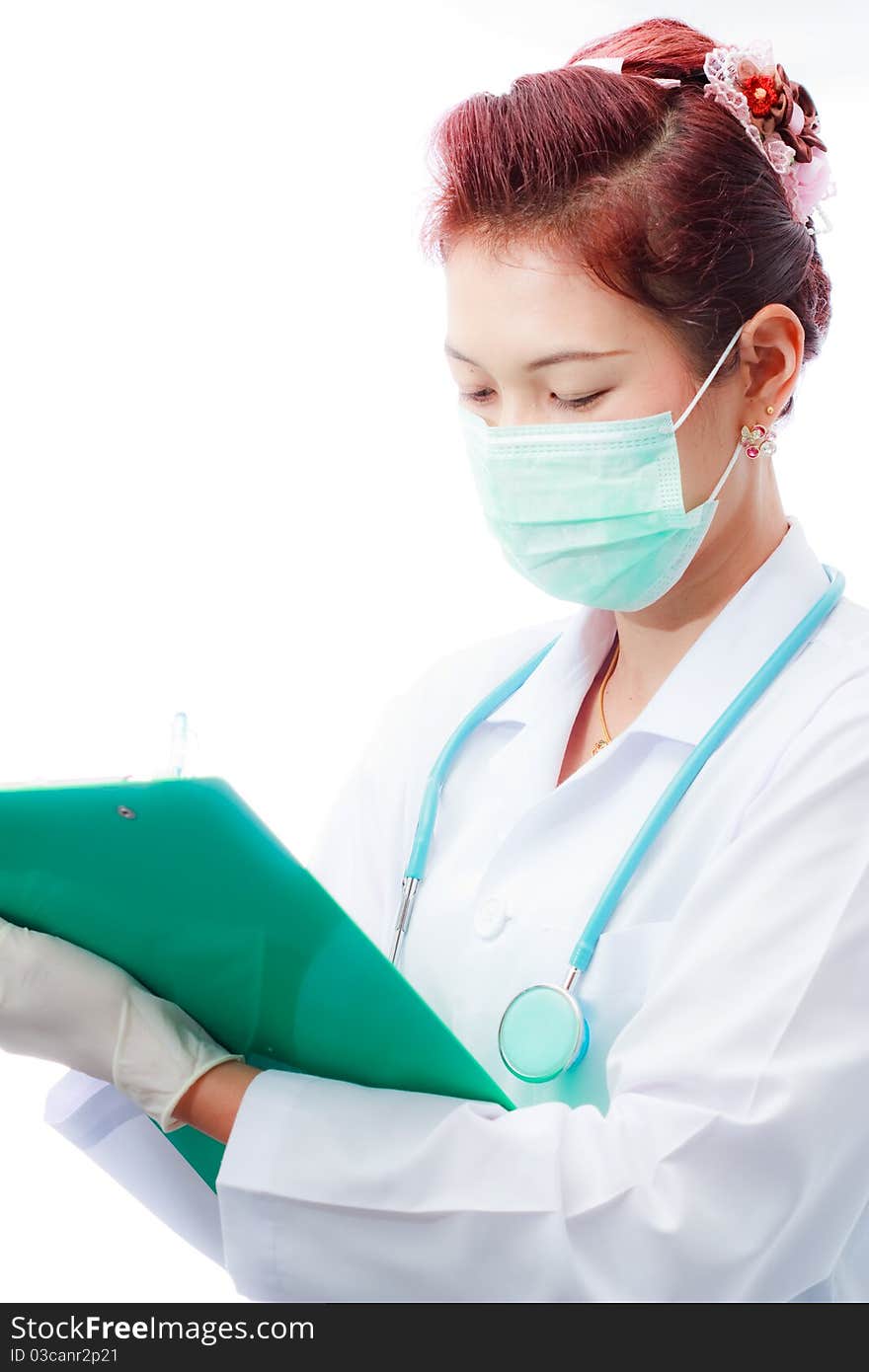 Doctor wearing medical mask on white background. Doctor wearing medical mask on white background