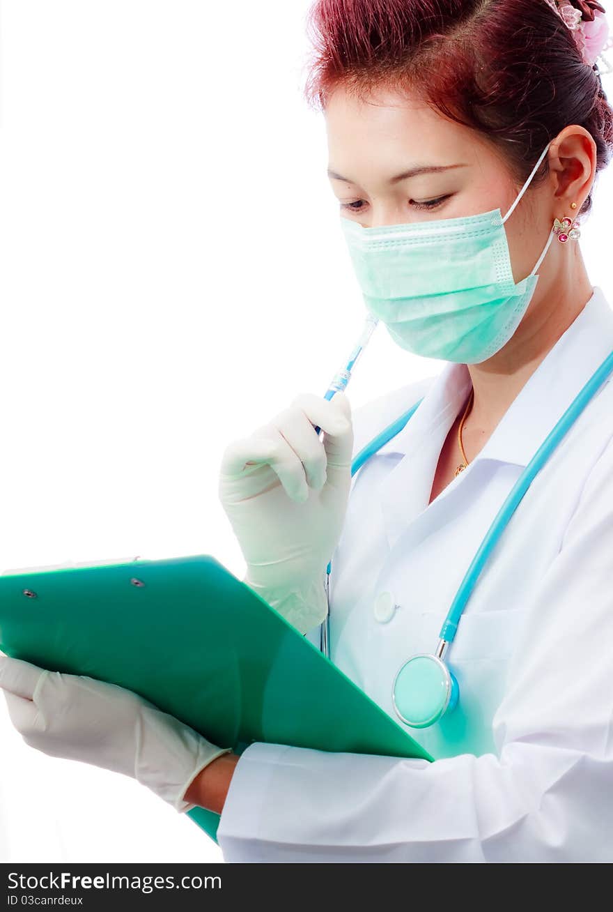 Doctor wearing medical mask on white background. Doctor wearing medical mask on white background