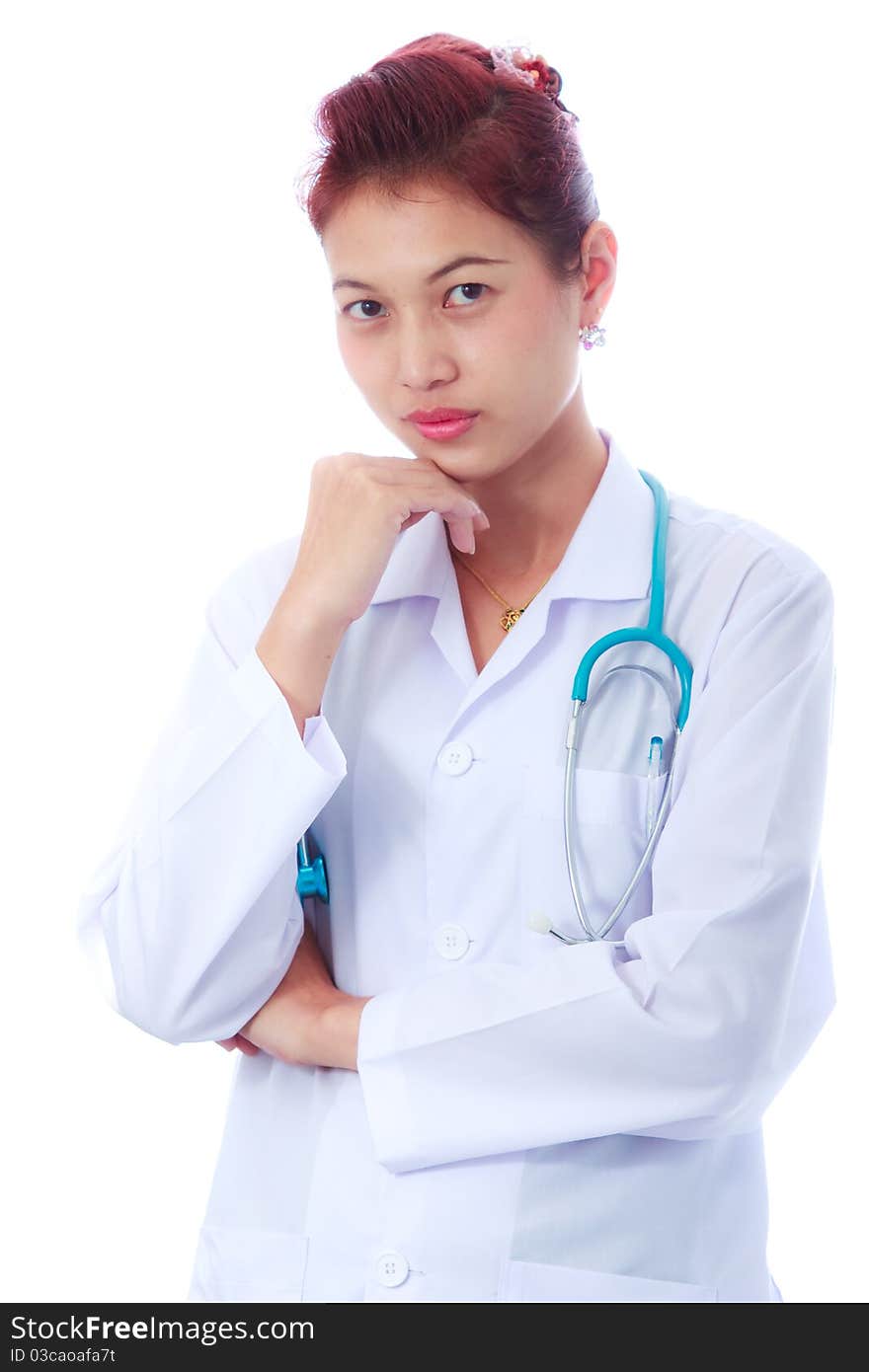 Doctor and medical instruments on white background. Doctor and medical instruments on white background