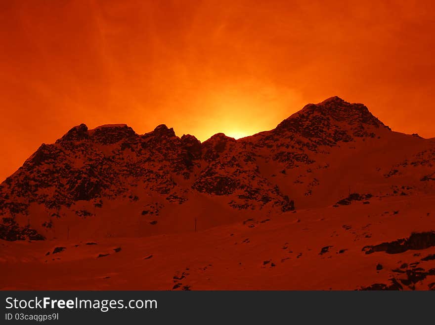 Sunset in a ski ressort in austria. Sunset in a ski ressort in austria