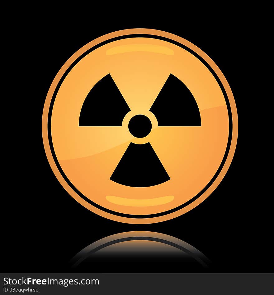 Yellow round icon radiation hazard sign with reflection over black. Yellow round icon radiation hazard sign with reflection over black