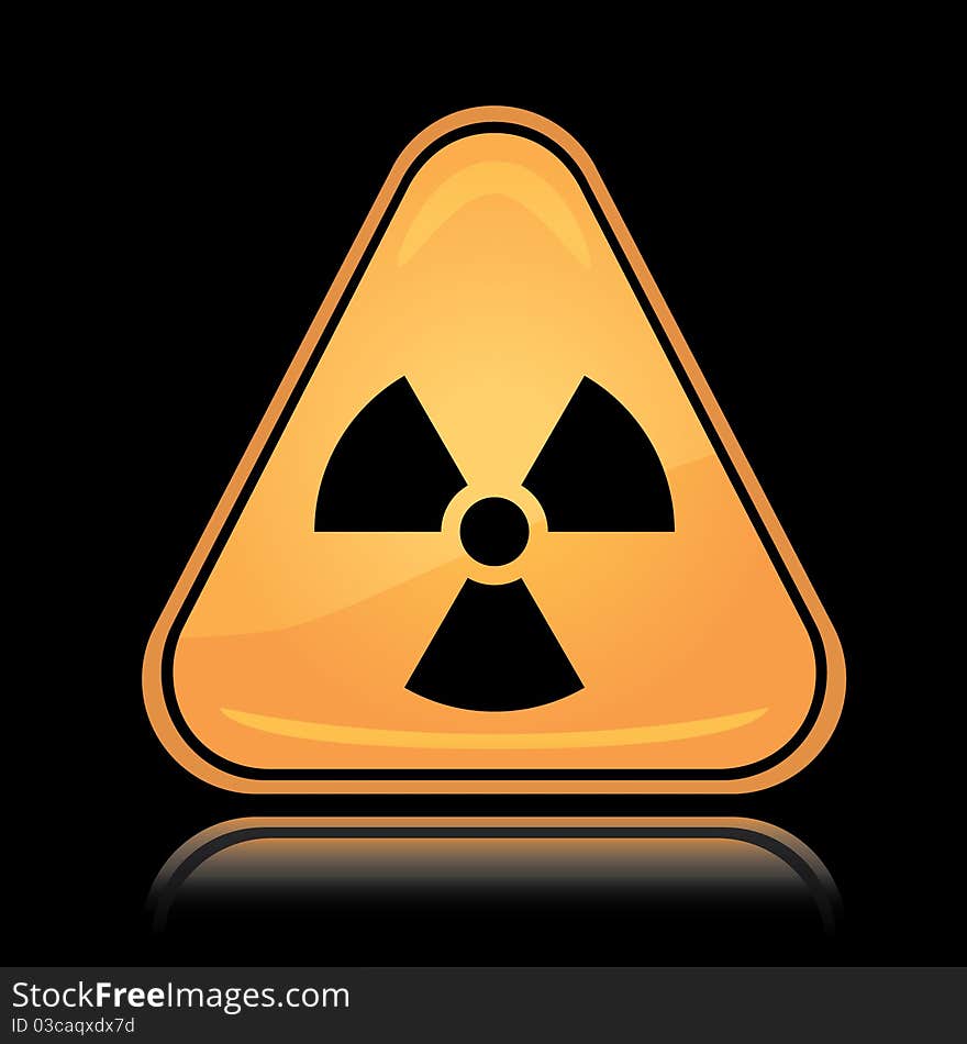 Yellow triangle icon radiation hazard sign with reflection over black. Yellow triangle icon radiation hazard sign with reflection over black