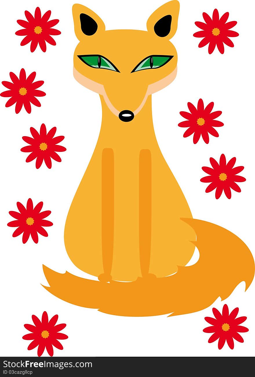 Fox and flowers on the isolated background. Illustration. Fox and flowers on the isolated background. Illustration