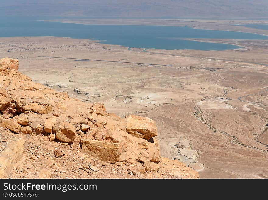 Rocky desert landscape near the Dead Sea seen from mountain