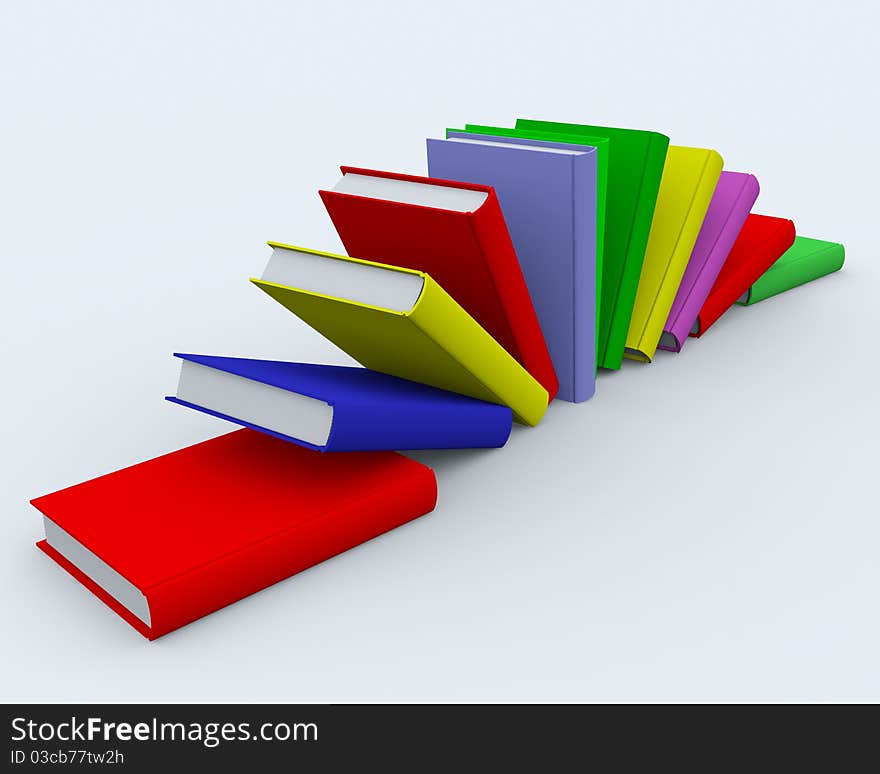 Colored books on white surface. 3D image.