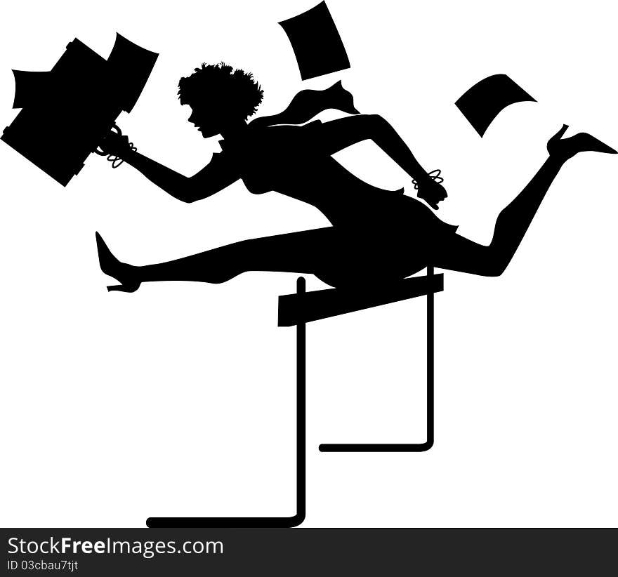 Silhouette graphic illustration depicting a businesswoman jumping over a hurdle. Silhouette graphic illustration depicting a businesswoman jumping over a hurdle