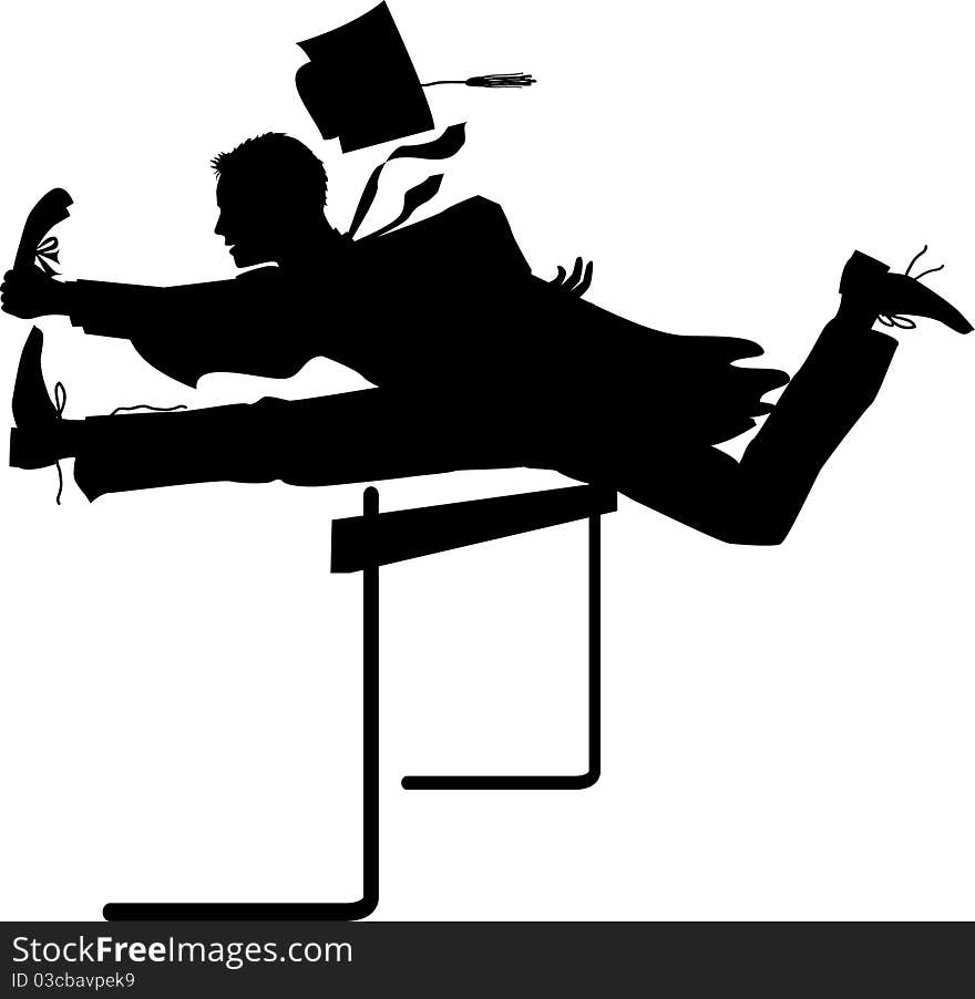 Silhouette graphic illustration depicting a graduating male student jumping over a hurdle. Silhouette graphic illustration depicting a graduating male student jumping over a hurdle